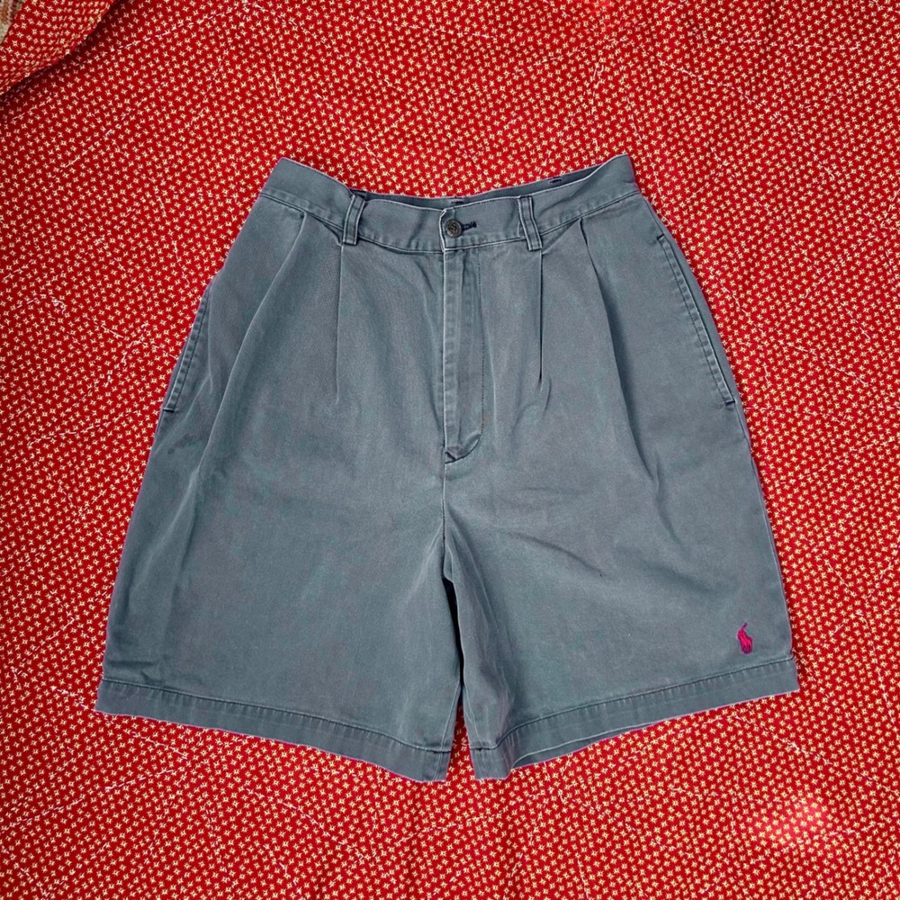 Ralph Lauren Womens Vintage Grey Pleated Cotton Chino Shorts Size 6 Pink Pony